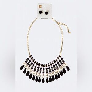 Statement Beaded Bib Necklace & Earring Set Gold Chain Multicolor